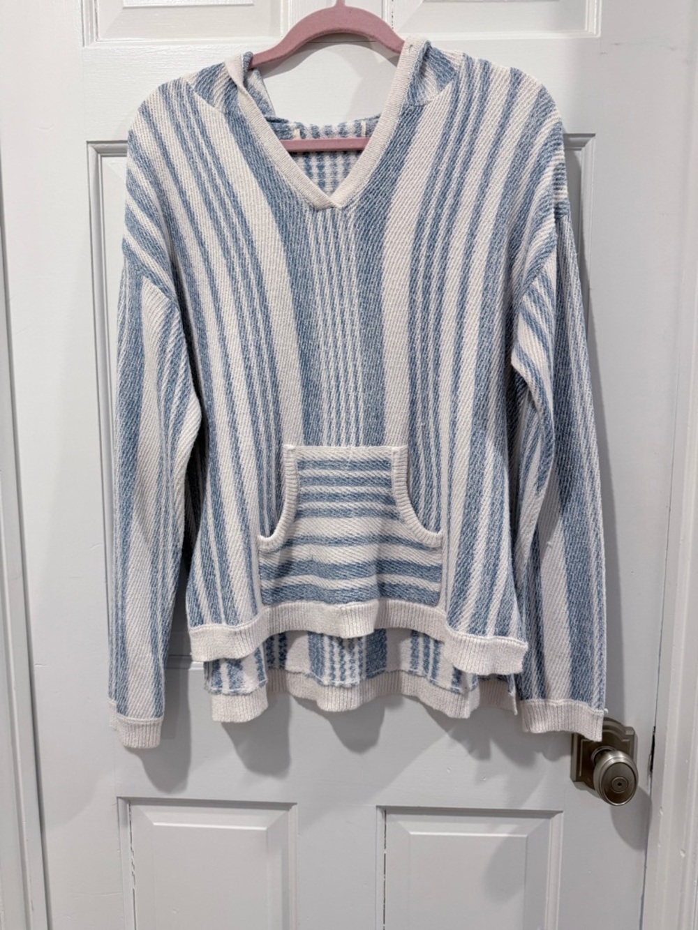 Striped V-Neck Hooded Knit Poncho - Blue & Cream Size - M - Picture 3 of 5